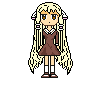 Pixel art character with long blonde hair and brown dress in six static poses showing facial expressions, hand positions, and small star symbols.