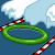 Animated Neopets character Bruce sliding through green rings on a candy cane–style track against a blue sky with clouds.
