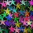 A dense, pixelated composition of multicolored star shapes in various hues including pink, yellow, green, blue, purple, and orange against a dark background.