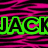 Green blocky text 'JACK' on a pink and black striped background with pixelated edges.