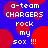 Pixelated graphic with blue background and red circles, displaying repeated text "a-team CHARGERS rock my sox !!!" in white block letters.