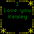 Green text "I Love you Kelsey" repeated in four quadrants with yellow star and dotted line borders on black background.