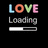 Pixelated text 'LOVE' in blue, orange, green, and pink above gray 'Loading' text with a partially filled progress bar on black background.
