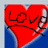 Red heart-shaped icon with black text spelling 'LOVE' and a small white object on the right side, set against blue background.