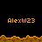 Pixelated orange text 'Alexw23' appears in multiple positions above and below a brown pixelated terrain line on a black background.