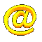 Yellow @ symbols in various 3D rotations and orientations on a gray background, displayed as an animated sequence of distinct poses.