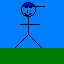 Three stick figures with blue hats stand on a green strip against a blue background, each displaying sequential text: 'I', then 'I AM', while the lower section shows static text.