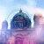 Pixelated image of a dark blue dome-shaped structure with a spire, set against a light blue and pink gradient background.
