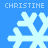 Four identical light blue snowflakes on a solid blue background with the text 'CHRISTINE' in pixelated white letters above and below each snowflake.