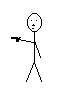 A stick figure holds a pistol, with small black dots appearing near its head across frames, and a red splatter on the head in the final frames.