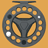 Pixelated circular icon with dark gray outer ring, orange inner sections, and two white dots on a solid orange background.
