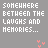 Pixelated text repeats 'SOMEWHERE BETWEEN THE LAUGHS AND MEMORIES...' with pink heart symbols, transitioning to 'I FELL IN LOVE' in blue and white lettering on a gray background.
