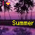 Pixelated summer scene with palm trees, purple-pink sky, and water reflection; two versions of 'Summer' text in yellow and pink.