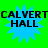 Green background with four identical blue starburst shapes, each containing black text reading "CALVERT" above "HALL".