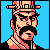 Pixel art portrait of a character with mustache and hat against blue background, rendered in retro 8-bit style with limited color palette.