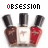 Four bottles of nail polish in brown, white, and red arranged horizontally with black caps under the word "OBSESSION" displayed above each