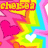 Pixelated animated icon with pink, yellow, and blue colors featuring hearts, text overlays, and a rainbow-like background pattern.