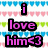 Pixelated text 'i love him<3' in pink with black outlines over a repeating pattern of blue, green, and pink heart shapes on white background.