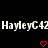 Pixelated white text 'HayleyC42' repeats horizontally on a black background with two red pixelated hearts below the text.