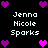 Pixelated icon with black background, white text 'Jenna Nicole Sparks', and purple/pink heart symbols at corners and center.
