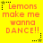 Yellow background with orange text reading 'Lemons make me wanna DANCE!!' and star symbols in four corners, each corner alternating between black and yellow stars.
