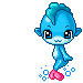 Blue cartoon character with pink feet and blue hair, shown in multiple poses including walking, blowing bubbles, holding hearts, and emitting sparkles.