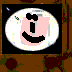 A circular white icon with a black border shows a pink character face wearing a bow tie, displaying three distinct mouth expressions across frames.