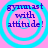 Four identical circular icons with blue concentric rings on pink background, each displaying text "gymnast with attitude!" in dark purple pixelated font.