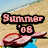 A beach-themed animated buddy icon with a pink flip-flop, blue water, and sand background displaying multiple text phrases.