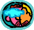 Animated circular icon shows two cartoon characters with pink and orange faces, yellow hair, brown eyebrows, black eyes, and purple lips against a teal background with blue clouds.