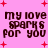 Pixelated text 'my love sparks for you' on pink background with red plus signs, repeated in four quadrants.