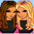 Animated contact sheet of a pixel art buddy icon featuring two blonde women with brown hair streaks, displaying text variations over black backgrounds in red, green, and pink fonts.