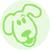 Green abstract shape with curved lines and small circular elements on a light background.