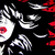 A pixelated animation of a character with white face, red lips, and black hair covering one eye, set against a black background with red accents.