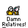 A 3x3 contact sheet of a pixel art animation featuring two stick-figure characters in yellow outfits, with text bubbles alternating between "Damn Relatives!" and "SO CUTE!" across frames.
