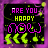 identical pixel art icons with purple borders, black backgrounds, and neon text reading 'ARE YOU HAPPY NOW' in pink and yellow