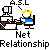 Pixel art of 12 distinct scenes showing two figures at desks with computers, each labeled 'Net' with text above and below