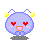 Pixelated character with light purple body, yellow antennae tips, red heart-shaped eyes, pink cheeks, and orange mouth in four variations.