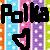 Pixelated static icon featuring bold black text "Polka" with a heart symbol below, set against a vibrant rainbow striped background of cyan, pink, purple, and yellow vertical bands.