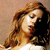 Pixelated close-up of a person with long brown hair, light skin, and closed eyes against a beige background.