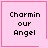 Four pink square with black text "Charmin our Angel" and distinct corner symbols: top-right has a heart, bottom-right has a starburst