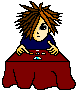 Pixelated character with brown and orange dreadlocks, dark blue shirt, red tablecloth, and one visible eye showing a black pupil.