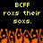 Yellow pixelated text on black background reads "BCFF roxs their soxs." with orange pixelated flames below.