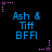 Pixelated blue text 'Ash & Tiff BFFI' on black background with pink and purple star-shaped pixel clusters at corners.