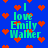 Blue background with red pixelated hearts scattered across, green text reading "I love Emily Walker" in a blocky font.