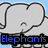 Pixelated elephant icon with blue text 'Elephants' on light blue background, red heart icon with white text 'Heart' on black background, brown squirrel icon with green text 'Squirrels' on white background.