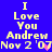 Pixelated text on blue background reads 'I Love You Andrew Nov 2'07', with a pink heart replacing the '7' in one frame and purple in another, repeated across two