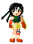 Pixel art character with black hair in a ponytail, green top, yellow shorts, red shoes, and brown gloves holding a card-like object.
