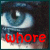 A 2x2 contact sheet of four animated frames showing a close-up of blue eyes with the word 'whore' overlaid in different colors across each frame.
