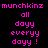 Pixelated text in bright pink on black background with white rectangular overlays, displaying variations of 'munchkinz all dayy everyy dayy !'
